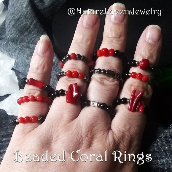 Bead Ring! Dainty Red Coral + Black Stone Beaded Ring S5 - Midi Knuckle - Picture 7 of 7
